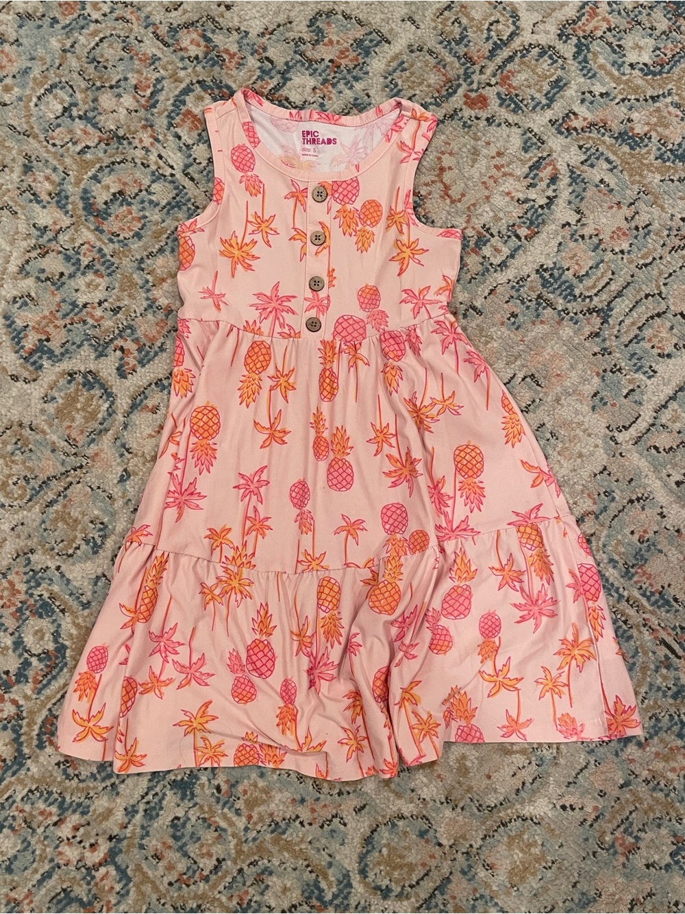 Epic Threads Pink Pineapple Tiered Sundress with Orange Accents -small